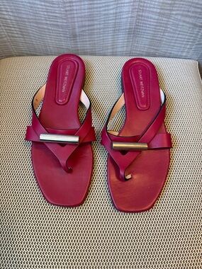 Stuart Weitzman Raspberry Leather Slide Sandals with Silver Bar